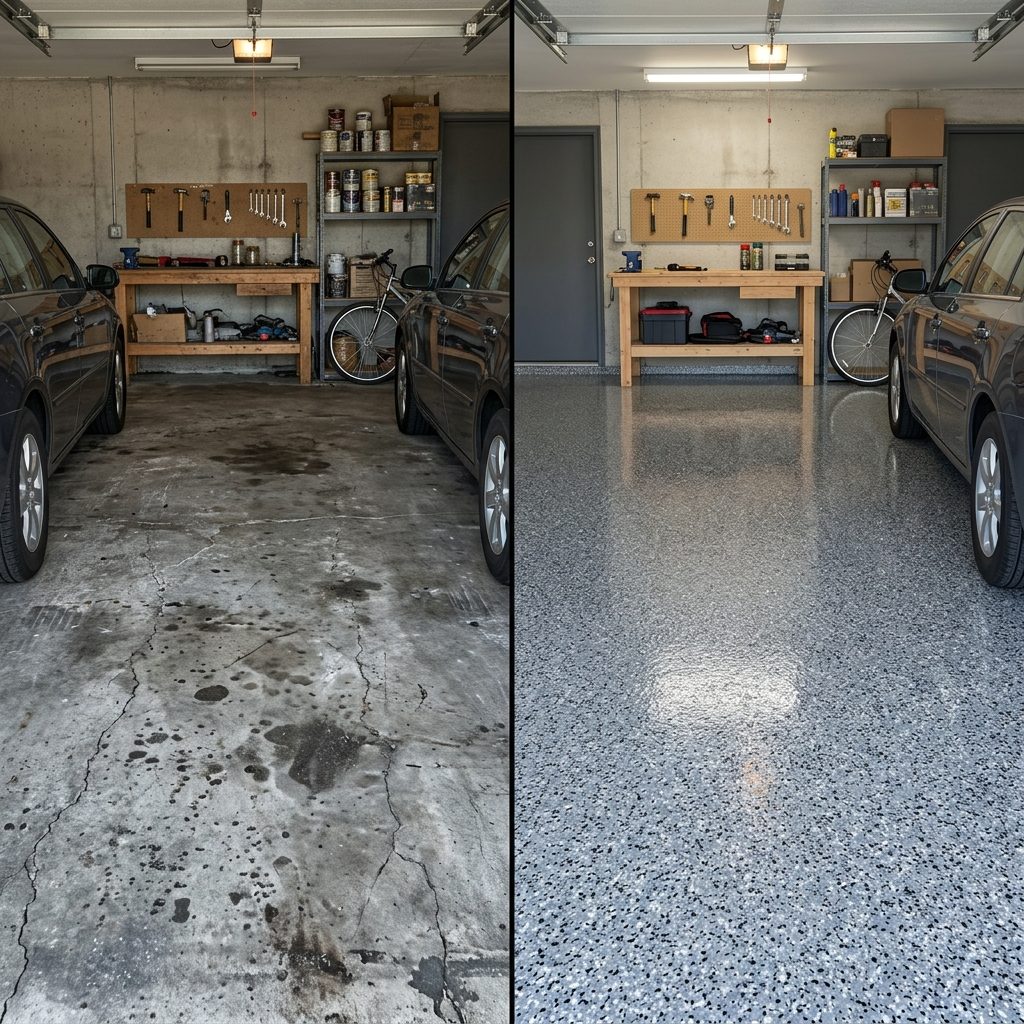 Before and after comparison of worn concrete vs finished polyaspartic garage floor