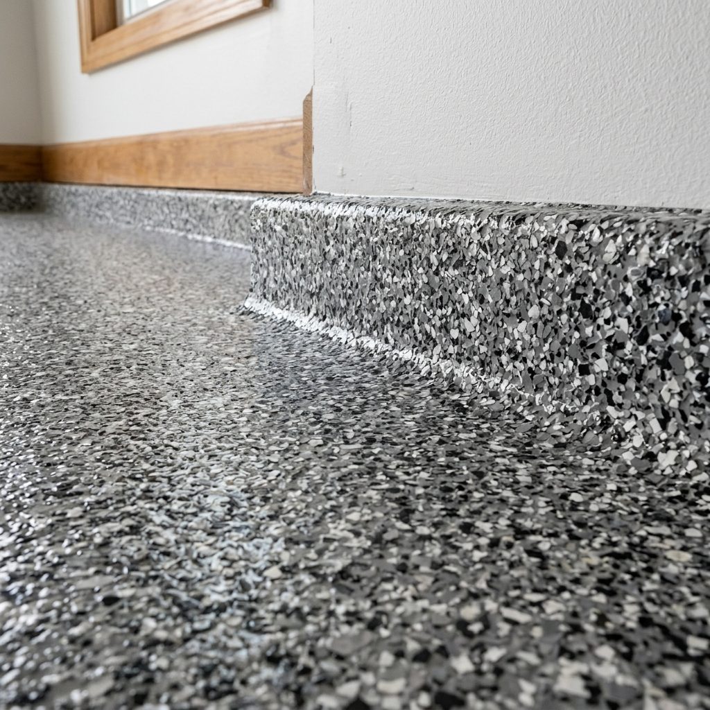 Close crop of polyaspartic flake blend and cove base