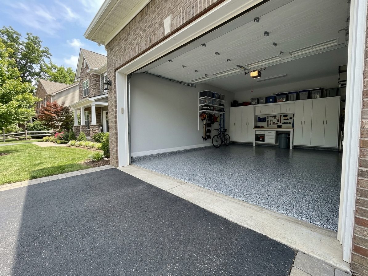 Finished garage floor coating with door open, Franklin TN