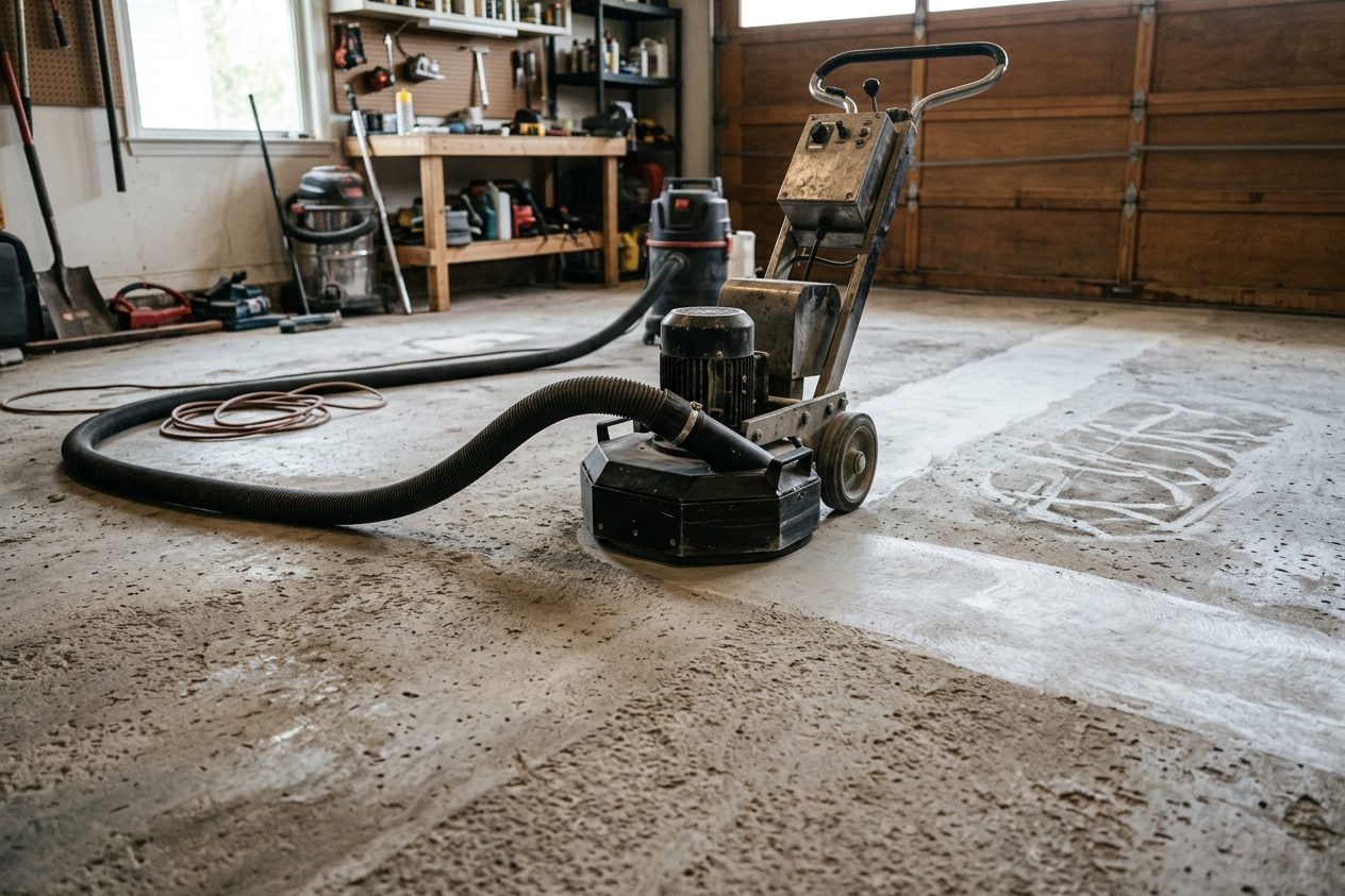 Diamond grinder preparing concrete garage floor with dustless shroud